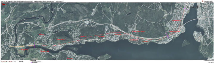 Karta över det 12 kilometer långa dubbelspåret mellan Dingersjö och Sundsvall