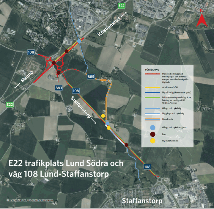 Karta som visar ombyggnad av E22 trafikplats Lund Södra och väg 108 Lund-Staffanstorp