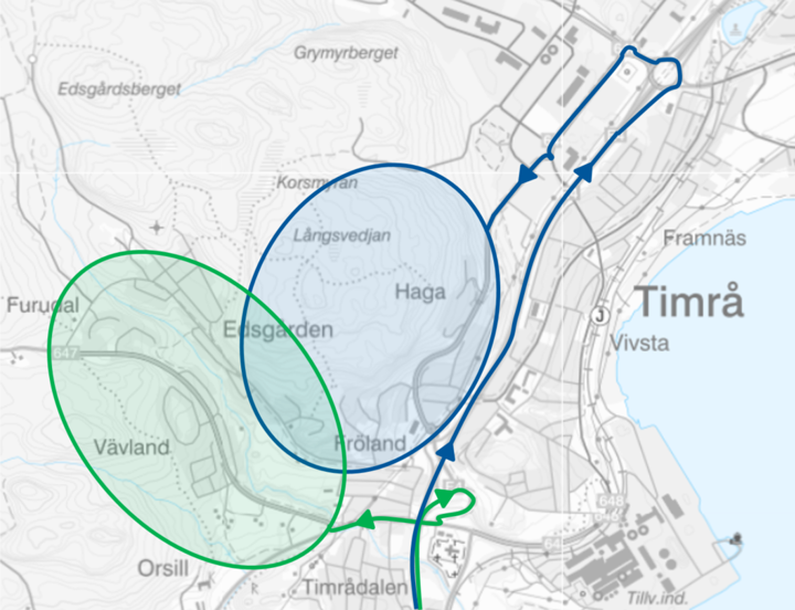 En karta/skiss med inringade områden och markeringar som visar rekommenderad väg till och från inringade områden.