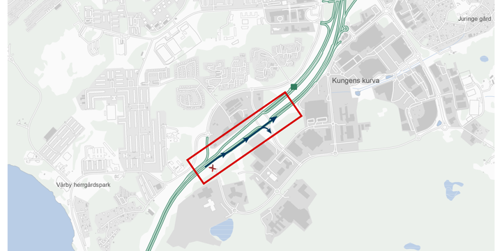 Karta som visar var vi arbetar samt vilken avfart som stängs och vilken som öppnas efter trafikomläggningen.
