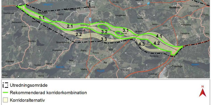 Karta som visar vald korridorskombination med ljusgrön färg.