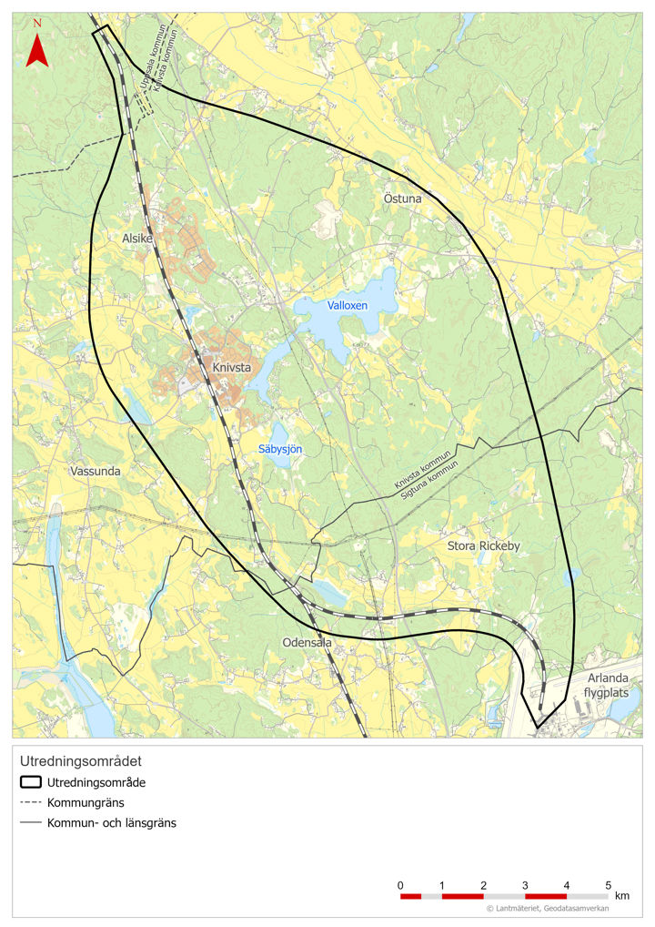 Karta över utredningsområdet för lokalisering av nya järnvägsspår