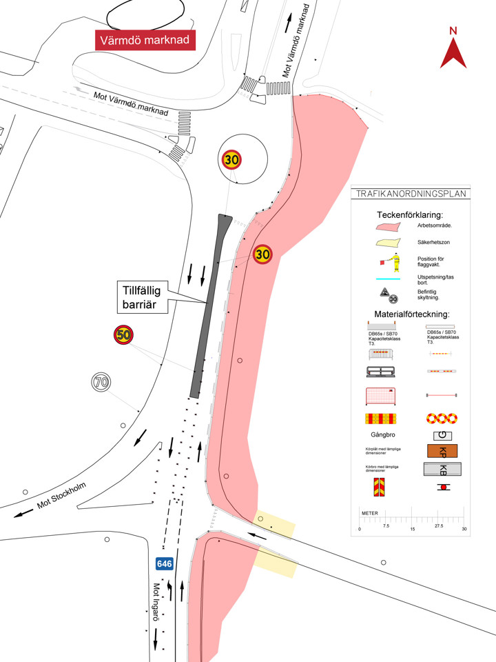 Karta över väg 646 och cirkulationen vid Värmdö marknad. Kartan visar att det är en ny barriär och ett körfält innan cirkulationen vid Värmdö marknad. Hastigheten är sänkt till 30 km/tim. Karta: Trafikverket