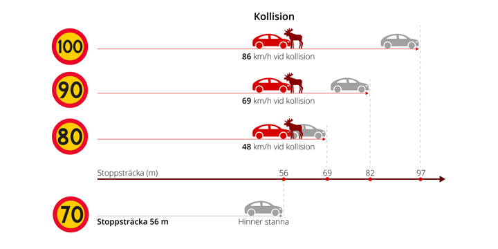 Illustrationen visar att vi 100 km/h är stoppsträckan 97 meter, 90 km/h 82 meter, 80 km/h 69 meter och vid 70 km/h är stoppsträckan 56 meter.