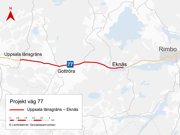 Karta som visar sträckan Uppsala länsgräns–Eknäs med en röd linje.