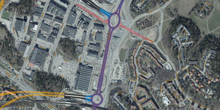 Kartbild visar Skattegårdsvägen och Berglslagsvägen. Rödmarkerat område visar var asfalteringsarbetem sker.