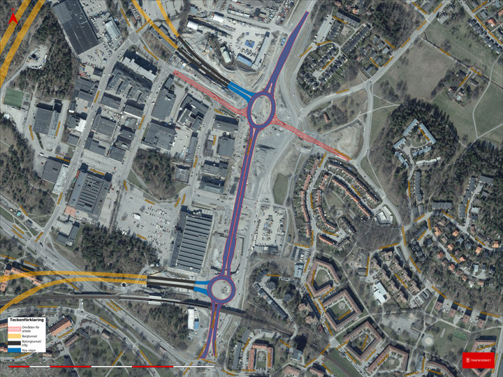 Kartbild visar Skattegårdsvägen och Berglslagsvägen. Rödmarkerat område visar var asfalteringsarbetem sker.