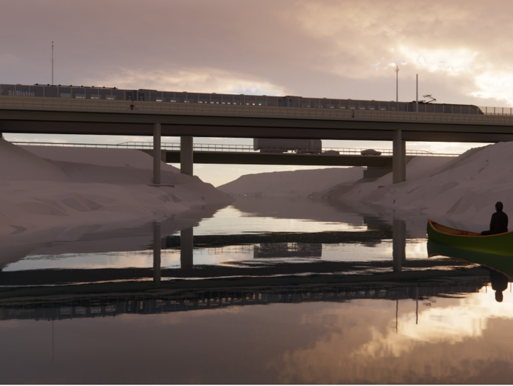 illustration av ett tåg som färdas på en bro, i förgrunden en sjö som tåget reflekteras i