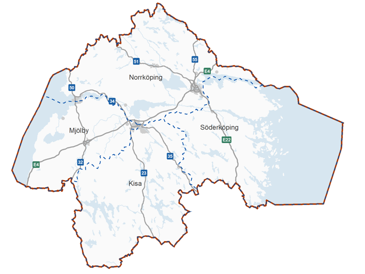 Kartbild över Östergötlands fyra driftområden Kisa, Mjölby, Norrköping och Söderköping.