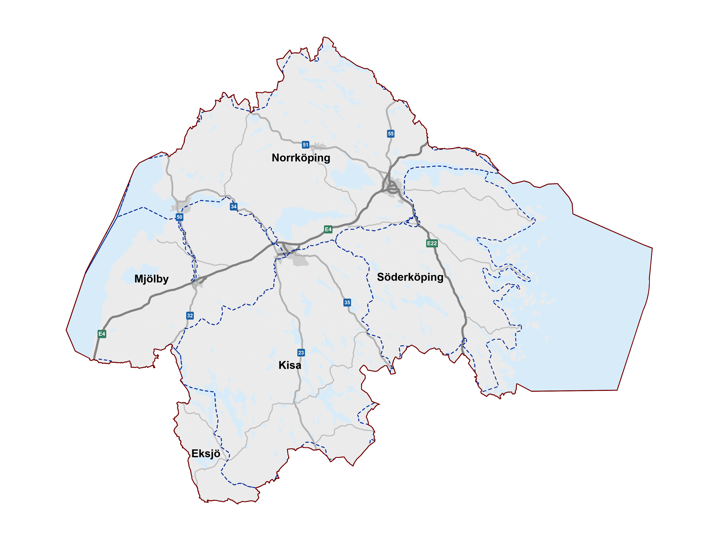 Kartbild över Östergötlands fyra driftområden Kisa, Mjölby, Norrköping och Söderköping.