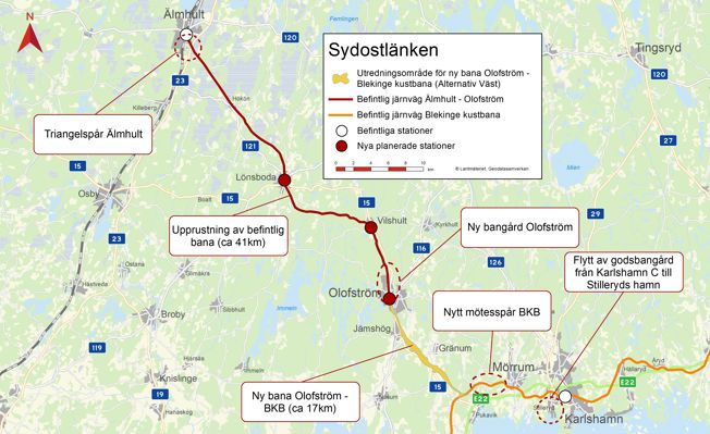 Karta över Älmhult-Olofström-Blekinge Kustbana
