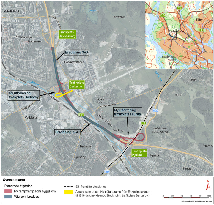 Kartan visar projektområdet för E18 mellan Jakobsberg - Hjulsta, med förslag på åtgärder.