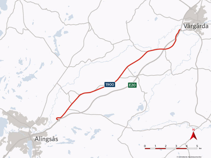 Karta som visar väg 1900, mellan trafikplats Bälinge i Alingsås kommun och trafikplats Hjultorp i Vårgårda kommun