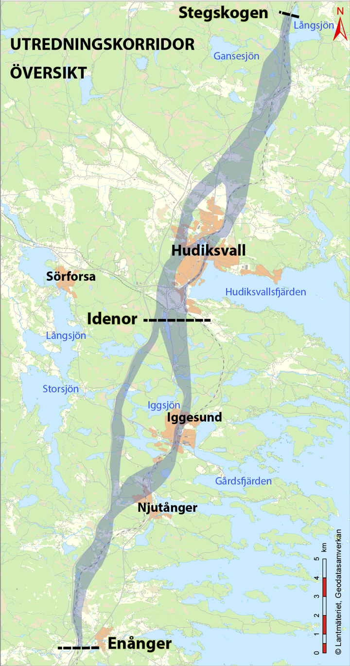 Del av karta som visar var korridoralternativen går.