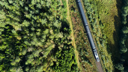 Tåg sett från ovan som kör på ett spår genom ett skogsområde.