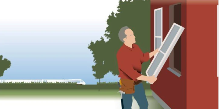 Illustration, man byter fönster på en fastighet