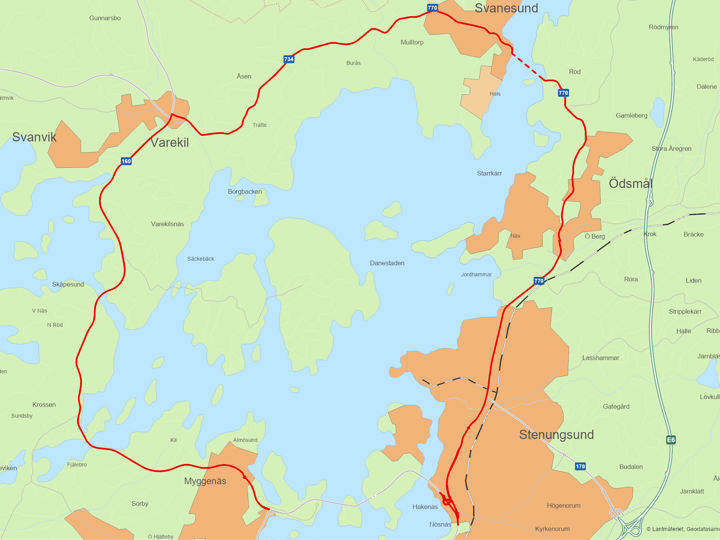 Karta som visar omledningsväg för trafik när bron är avstängd.