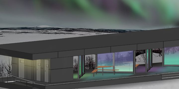 Illustrationsskiss över en byggnad med glaspartier och belysning som påminner om norrsken.