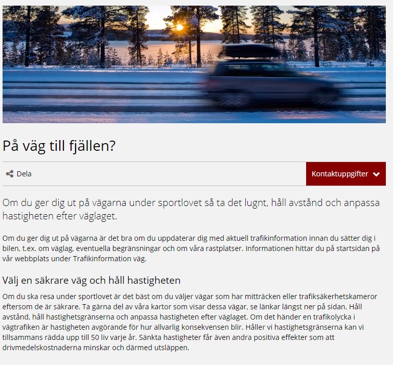 Webbsida om hur man kan köra trafiksäkert på väg till fjällen.