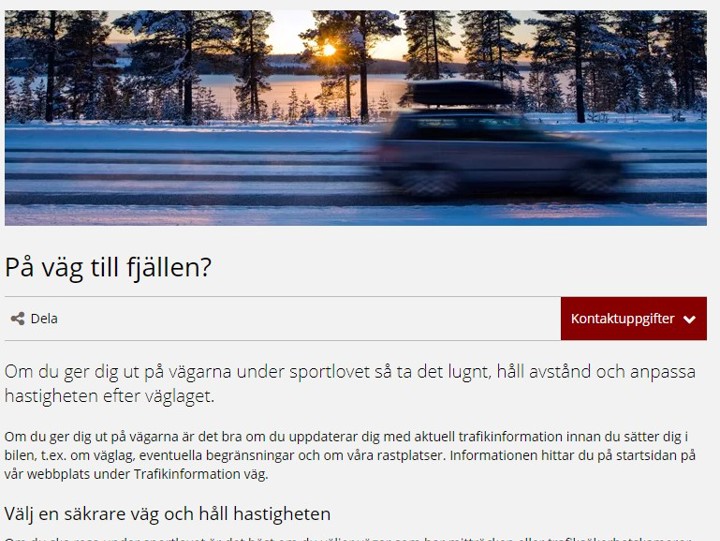 Webbsida om hur man kan köra trafiksäkert på väg till fjällen.