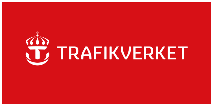 Trafikverkets logotyp. Två pilar visar hur kronan och texten ska placeras i förhållande till varandra.
