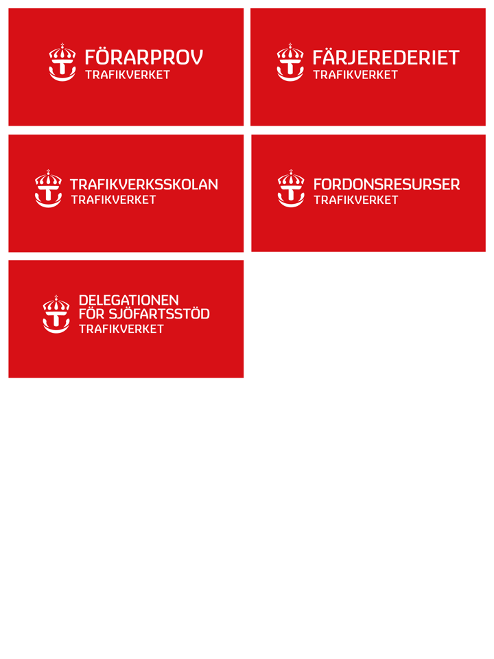 Trafikverkets resultatenheters logotyper. Röda rektanglar med vit krona och vit text