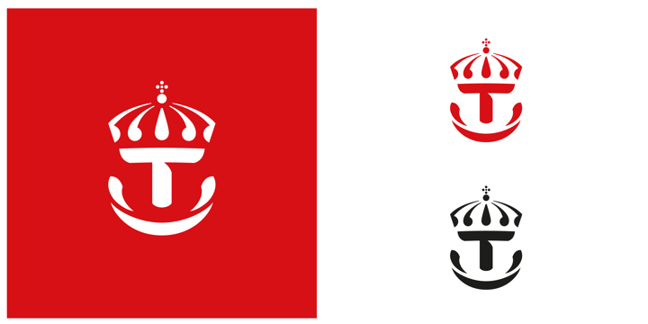 Variant på Trafikverkets logotyp. En röd fyrkant med en vit krona i, en vit fyrkant med röd krona och en vit fyrkant med svart krona.