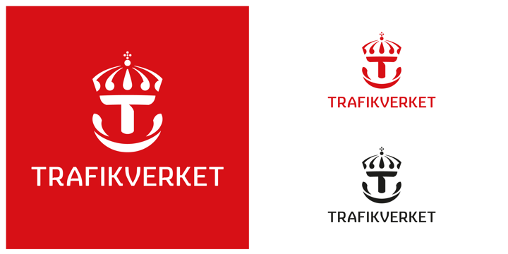 Tre varianter av Trafikverkets logotyp. En med vit bakgrund och röd krona ovan röd text, en likadan men i svart och den tredje är röd med enbart vit krona.