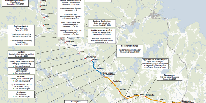 Kartan visar de åtgärder som har genomförts och kommer att genomföras fram till år 2031