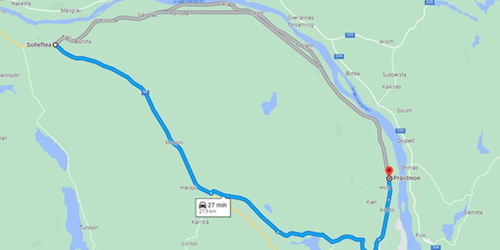 Karta som visar omledning via riksväg 90 mot Sollefteå. Restid 27 minuter från Prästmon.