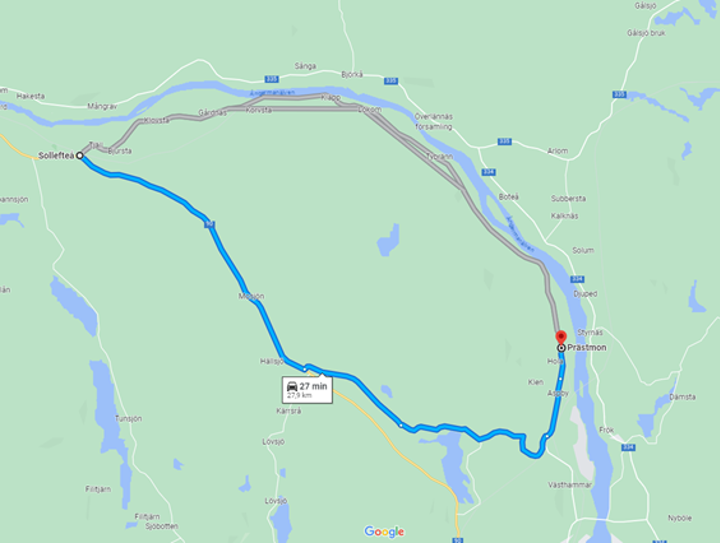 Karta som visar omledning via riksväg 90 mot Sollefteå. Restid 27 minuter från Prästmon.