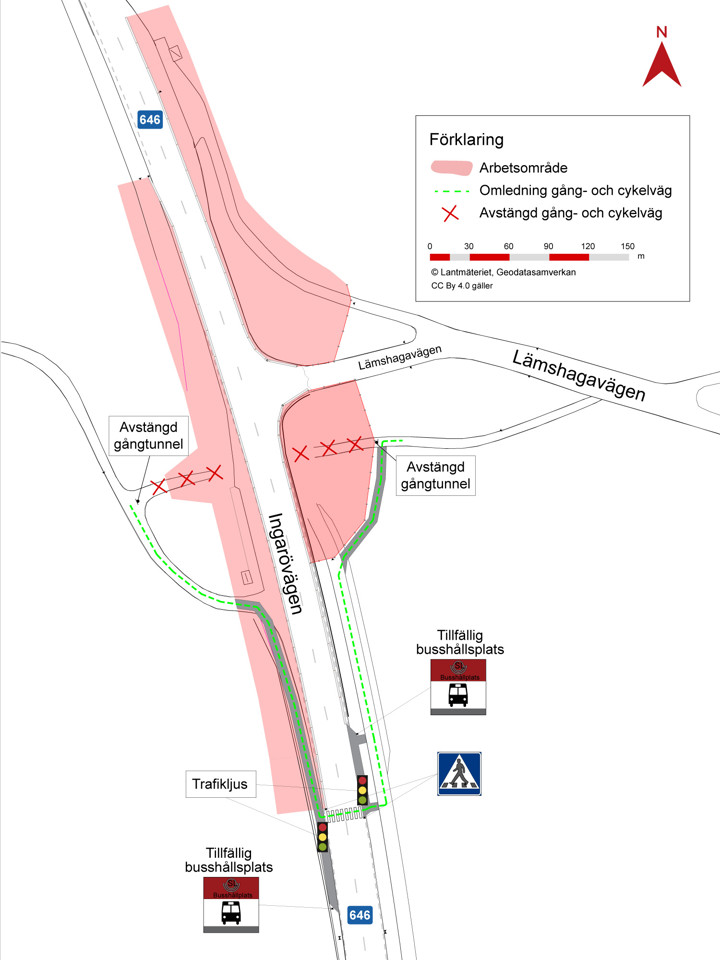 Karta över väg 646 vid Lämshagakorset. Kartan visar hur trafiken påverkas när vi ska bygga det nya vänstersvängskörfältet vid Lämshagakorset. Omledning för gående visas med grönstreckad linje.Karta: Trafikverket 