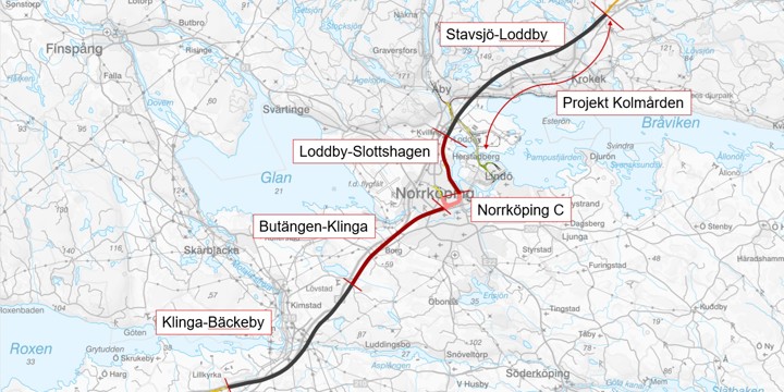 Kartbild som visar Ostlänkens delsträckor inom Norrköpings kommun