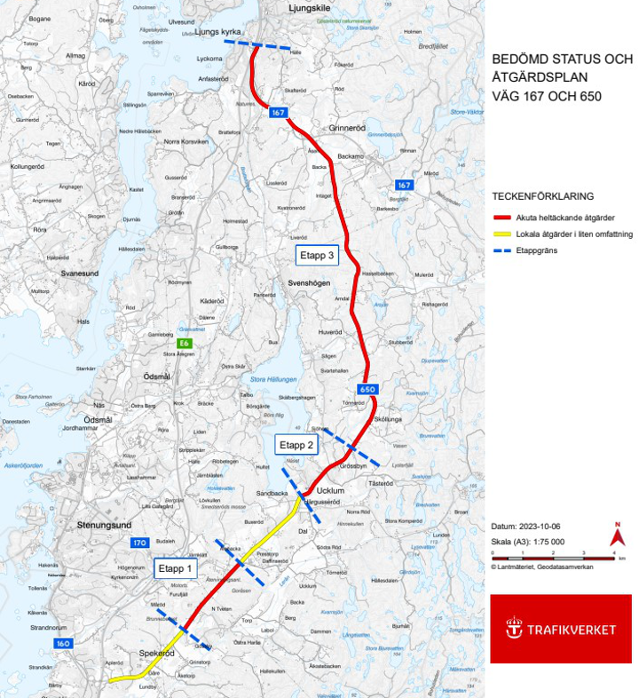 Karta som visar etapperna på väg 650