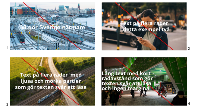 Fyra exempel på hur det kan se ut om man inte följer rekommendationer. Det är svårt att se texten på grund av dålig kontrast mot bakgrund, eller rörig bakgrund.