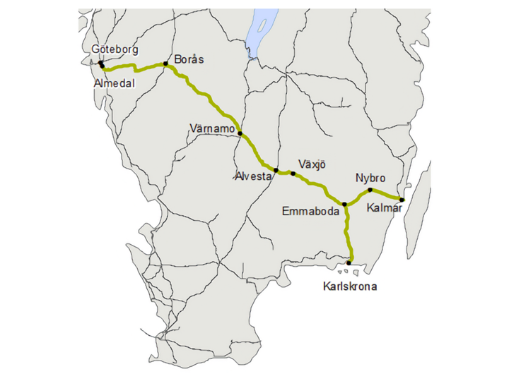 Kust till kust-banan sträcker sig från Göteborg till Kalmar och Karlskrona.