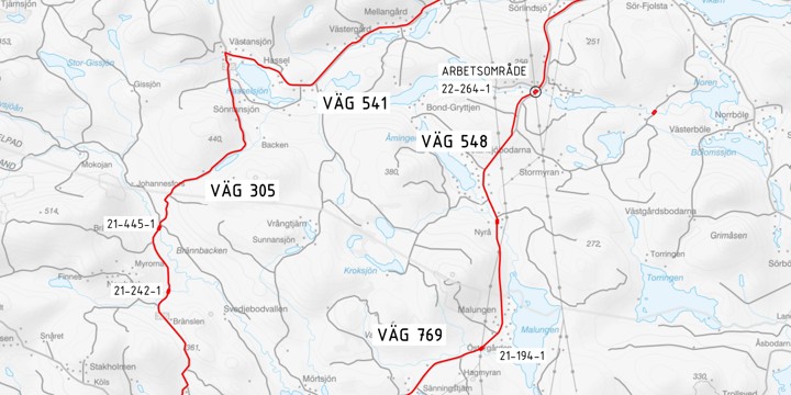 Karta med röd markering som visar omledningsvägen under tiden bron är avstängd.