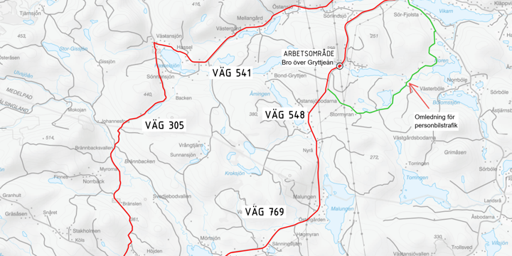 Karta med röd markering som visar omledningsvägen under tiden bron är avstängd samt en grön markering som visar omledning som den lätta, persontrafiken, kan använda.
