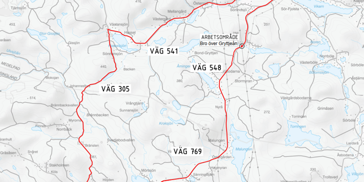 Karta med röd markering som visar omledningsvägen under tiden bron är avstängd.