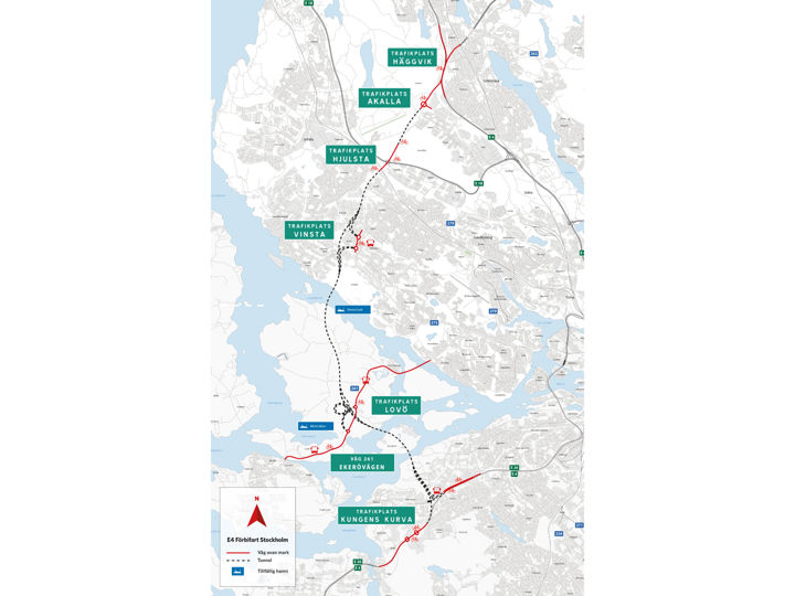 Karta över var vi bygger om och fixar nya gång- och cykelvägar i projekt E4 Förbifart Stockholm.