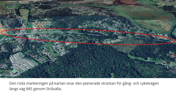 Kartbild som ringar in vart gång- och cykelvägen planeras gå genom Stråvalla. 