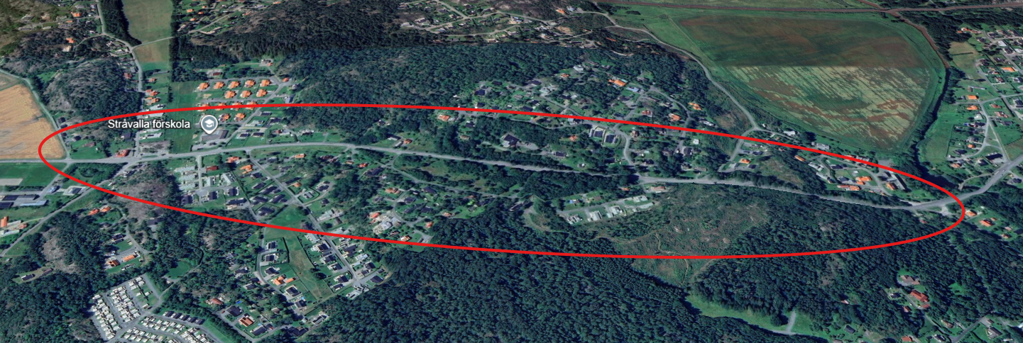 Kartbild som ringar in vart gång- och cykelvägen planeras gå genom Stråvalla. 