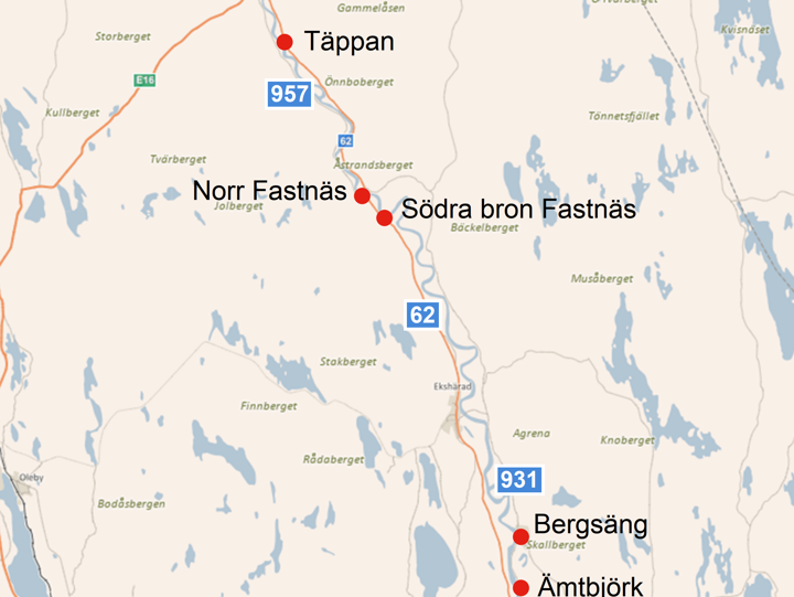 Karta över de sju identiferade platserna med risk för ras och skred längs vägarna 62, 931 och 957.