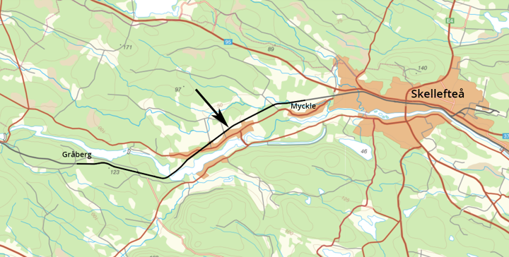 Kartan visar banans sträcka mellan Gråberg och Myckle i Skellefteå.