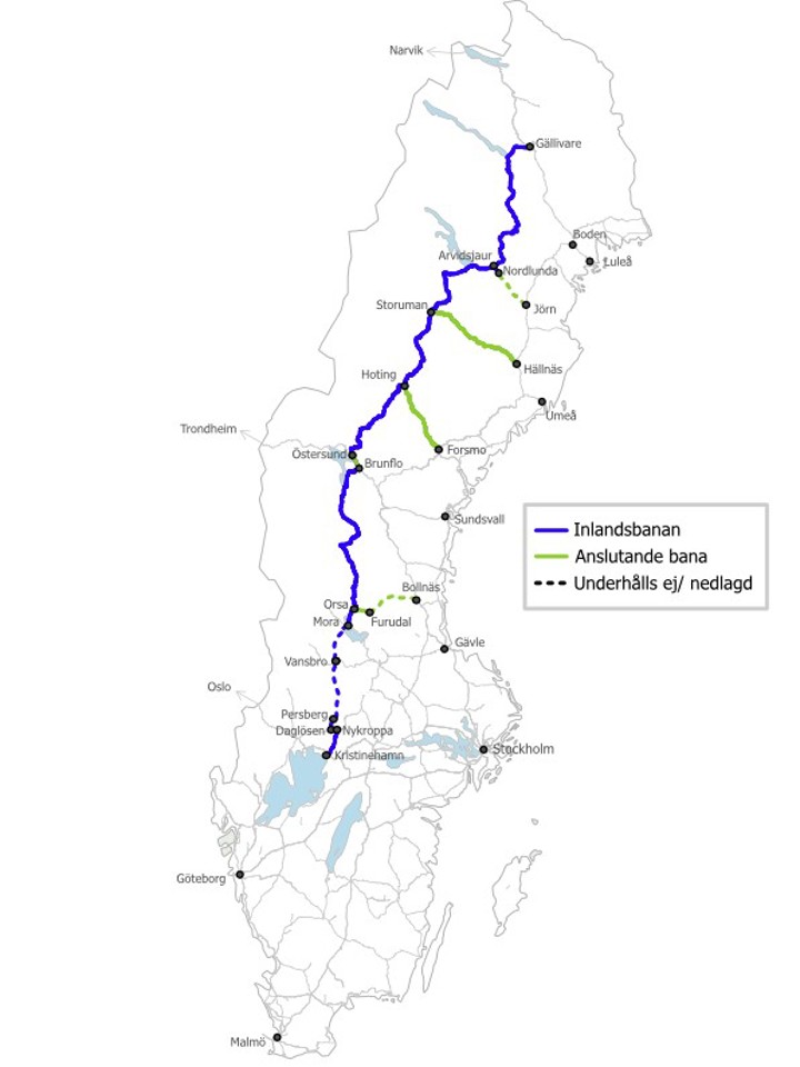 Karta över Inlandsbanan