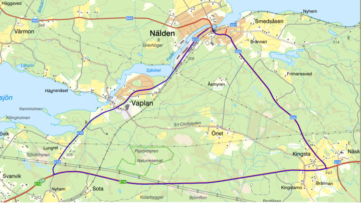 Karta som visar den ca 14 kilometer långa omledningsvägen.