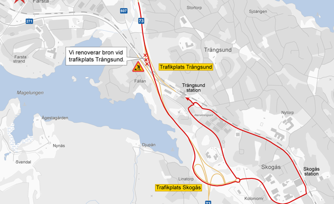 Karta över väg 73 vid trafikplats Trångsund och trafikplats Skogås.