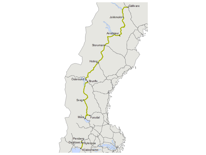 Inlandsbanan löper mellan Kristinehamn och Gällivare