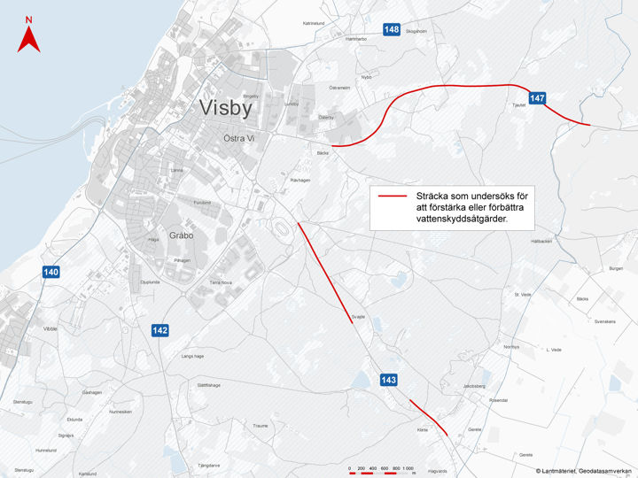 Karta som visar med röda linjer vilka områden som Trafikverket planerar att göra vattenskyddsområden inom.