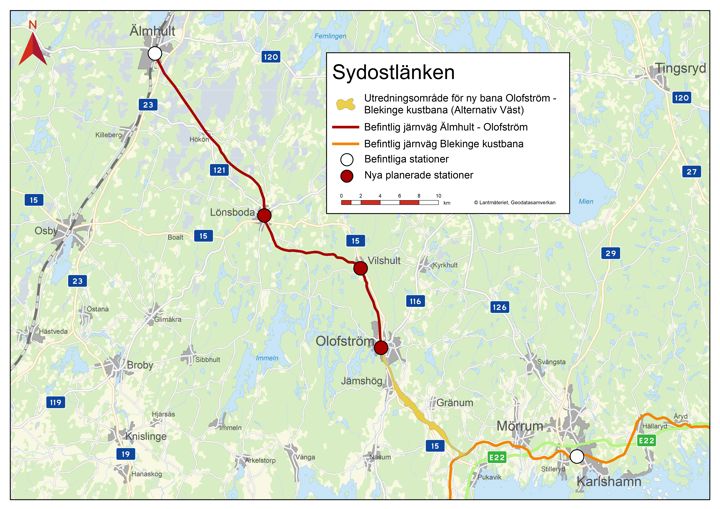 Karta över sträckan Älmhult-Olofström-Blekinge Kustbana